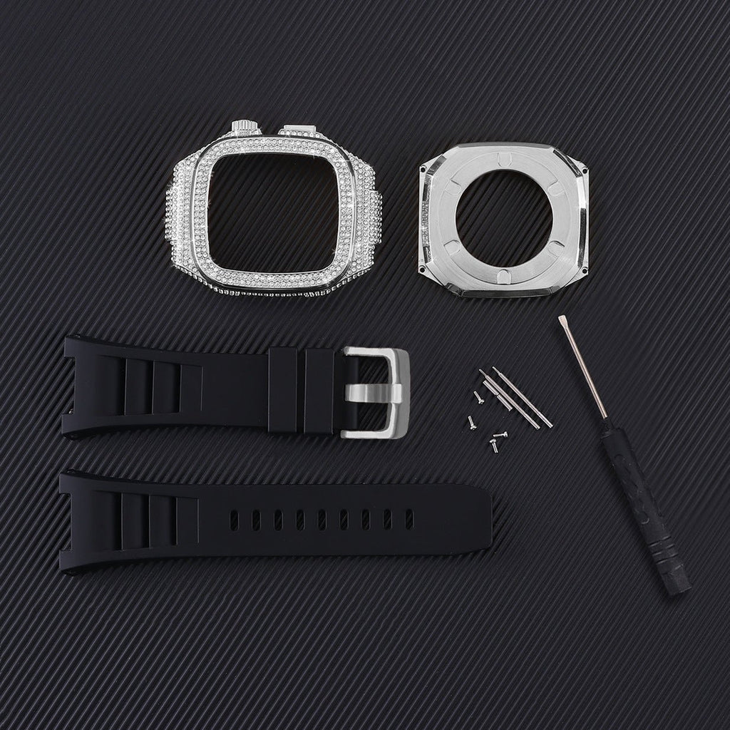 Coque complète transparente pour Apple Watch avec strass scintillants, bracelet silicone noir à boucle argentée, outils de.