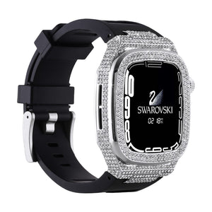 Coque scintillante en strass clairs avec bracelet silicone noir pour Apple Watch 44/45/46mm.