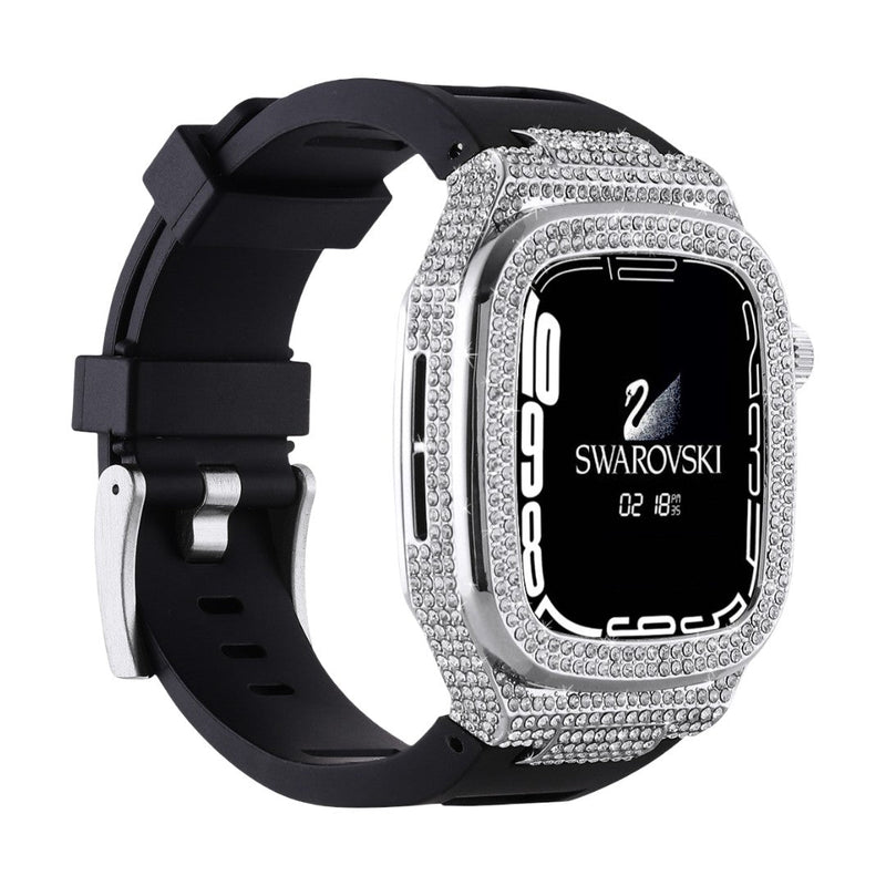 Coque scintillante en strass clairs avec bracelet silicone noir pour Apple Watch 44/45/46mm.