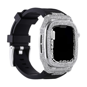 Carcasă completă Apple Watch strălucitoare, brățară din silicon și strasuri, compatibilă 44/45/46mm, model Svara