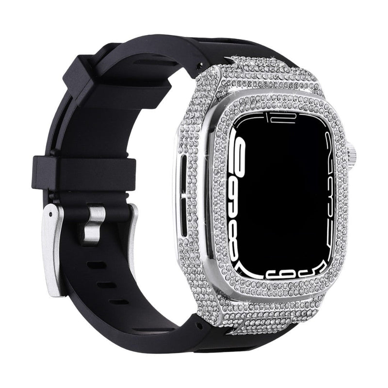Carcasă completă Apple Watch strălucitoare, brățară din silicon și strasuri, compatibilă 44/45/46mm, model Svara