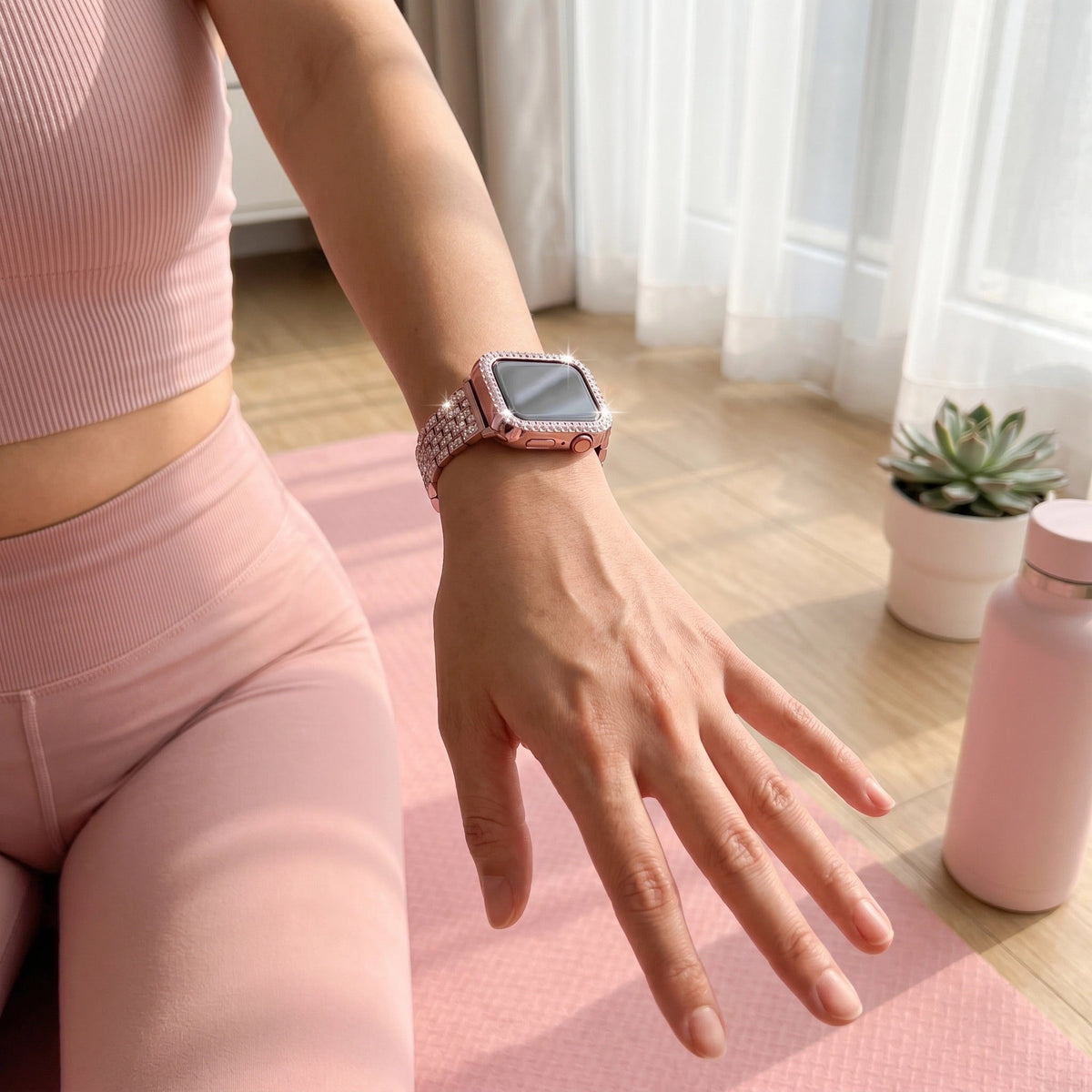 Βραχιόλι και θήκη Apple Watch από ανοξείδωτο ατσάλι, κρίκοι διακοσμημένοι με στρας, για γυναίκες, μοντέλο Fida
