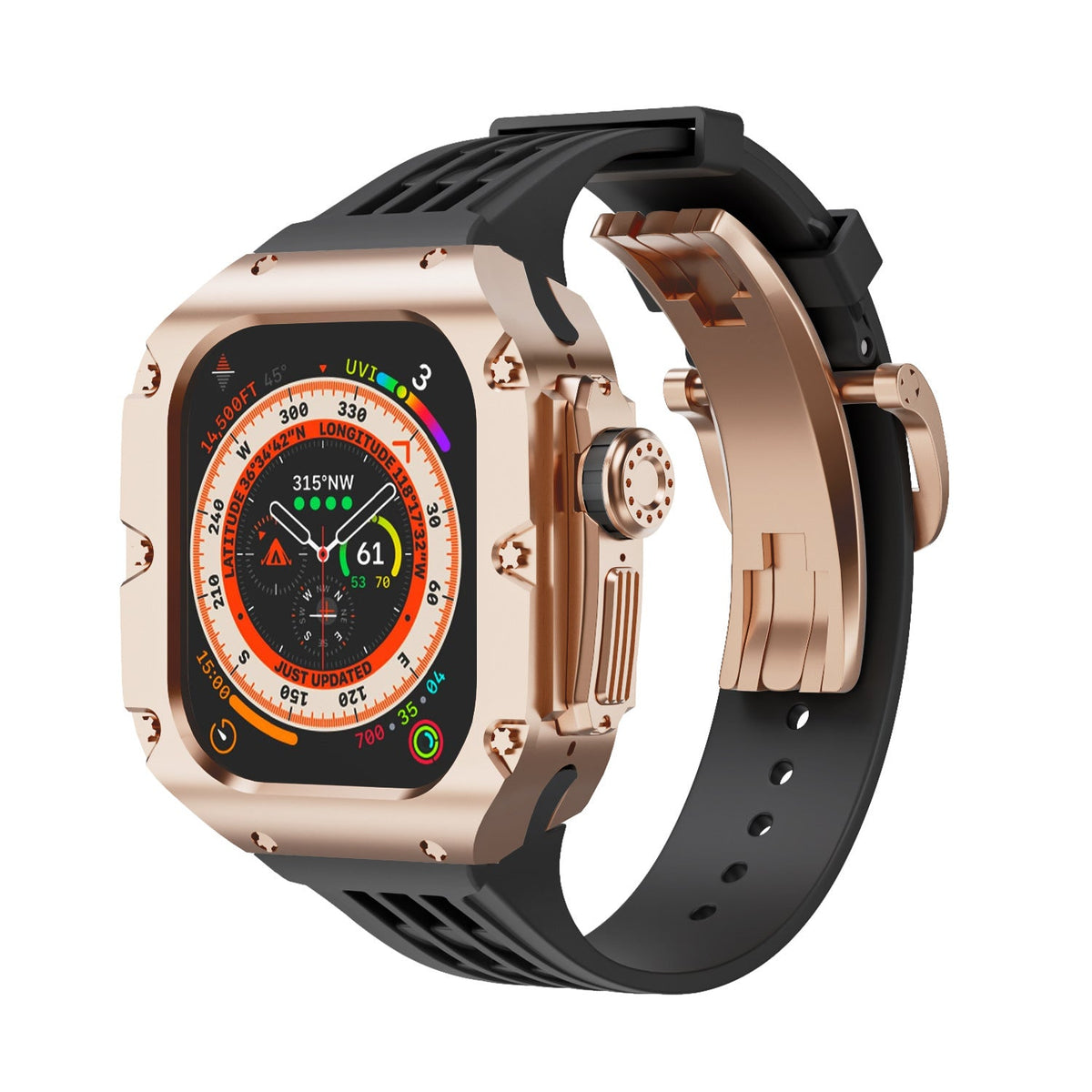 Coque titane rose doré robuste avec bracelet silicone noir à boucle pour Apple Watch Ultra 49mm.