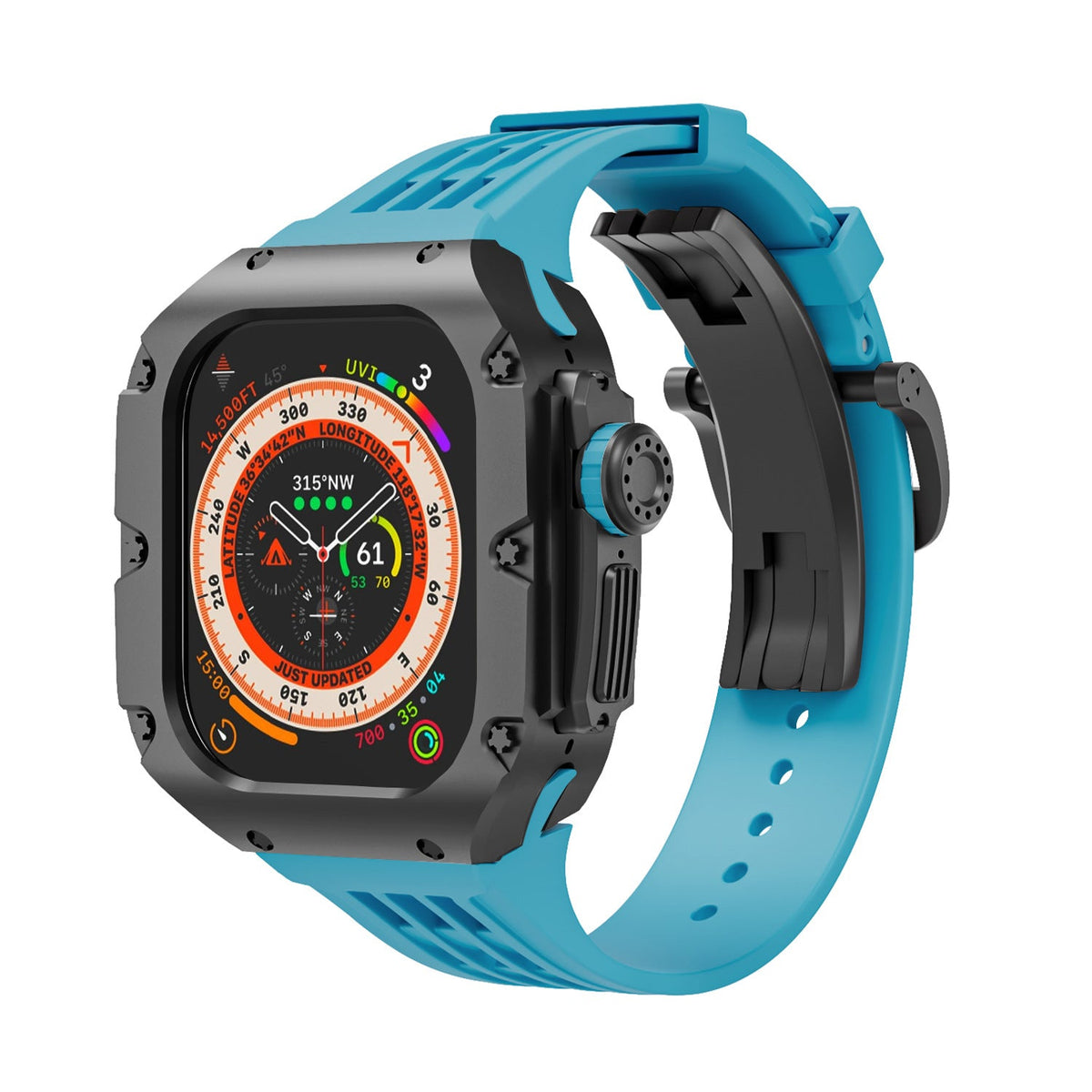 Coque titane noire robuste avec bracelet silicone bleu à boucle pour Apple Watch Ultra 49mm.