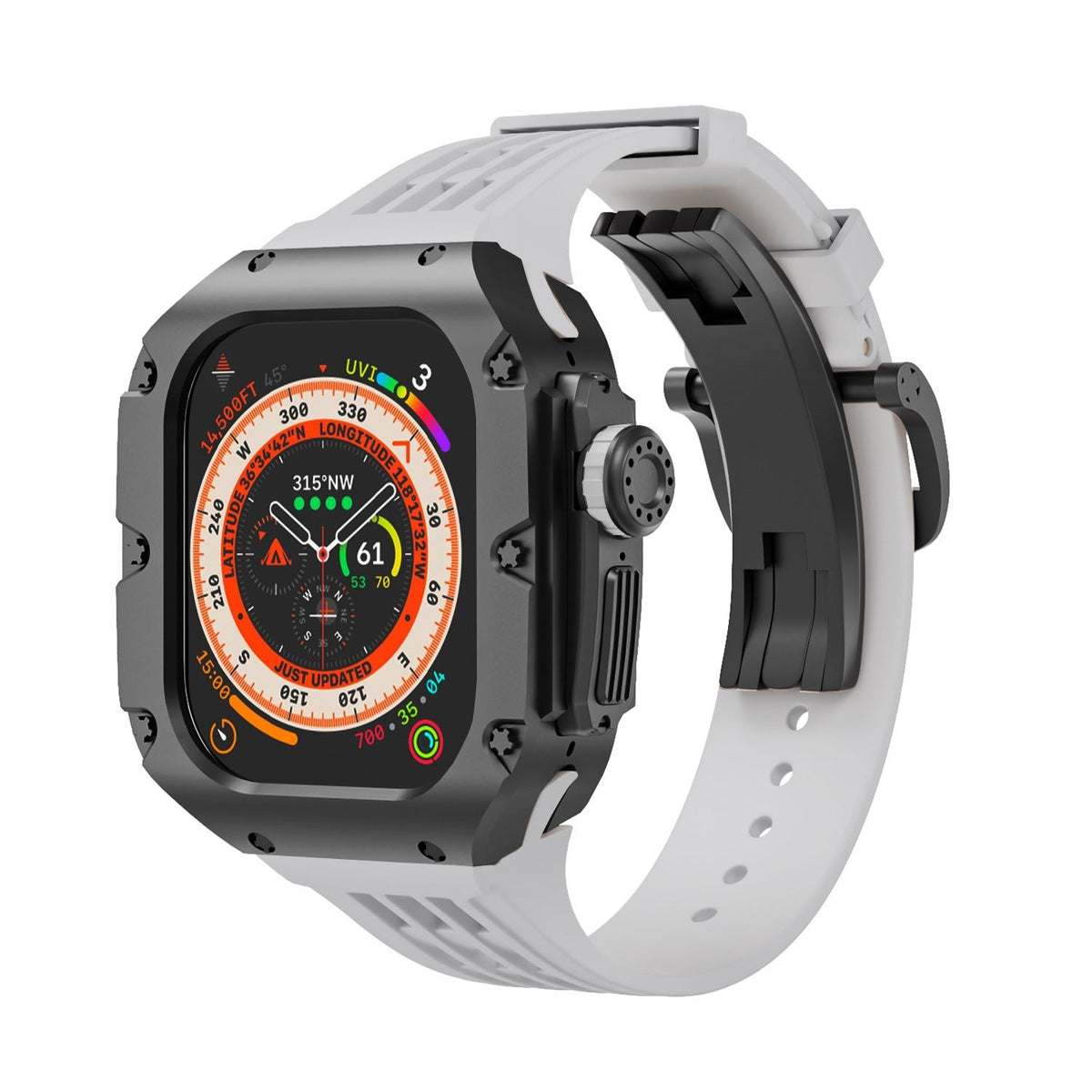 Coque robuste en titane noir avec bracelet silicone gris clair à boucle pour Apple Watch Ultra 49mm.