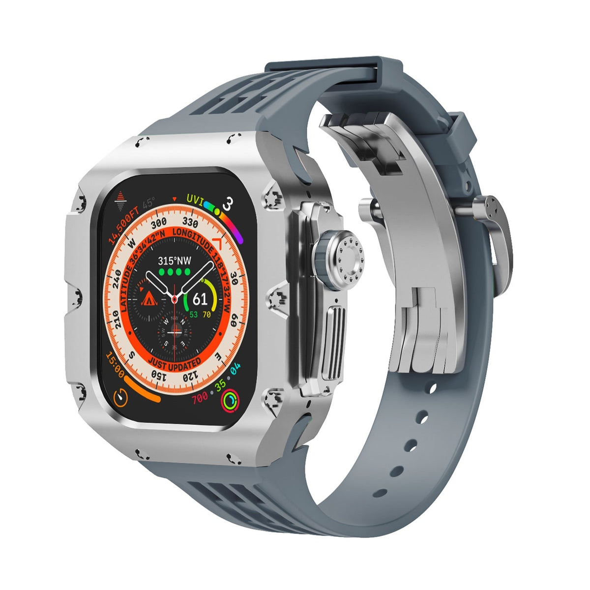 Coque robuste en titane argenté avec bracelet silicone gris à boucle pour Apple Watch Ultra 49mm.