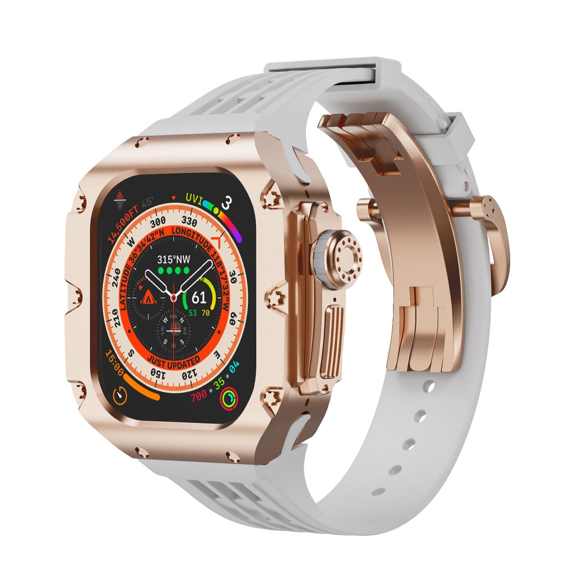 Coque titane doré rose robuste avec bracelet silicone blanc et boucle assortie pour Apple Watch Ultra 49mm.