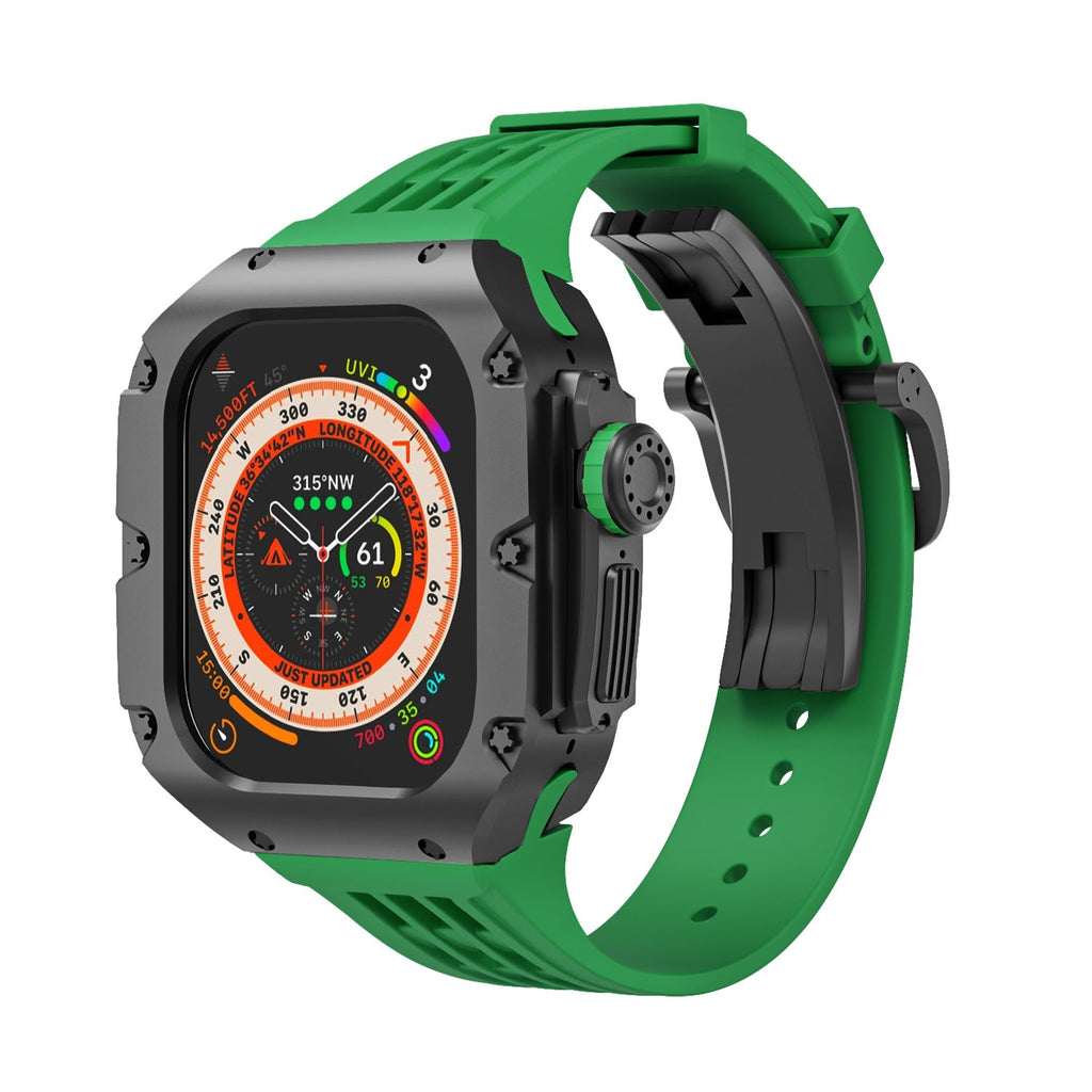 Coque titane grise robuste avec bracelet silicone vert vif et boucle noire pour Apple Watch Ultra 49mm.