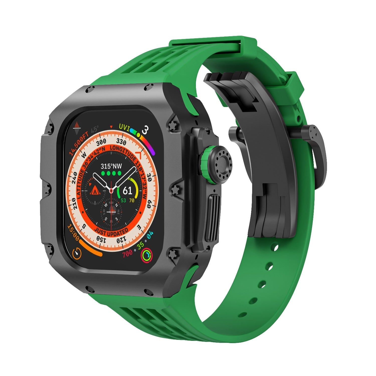 Coque titane grise robuste avec bracelet silicone vert vif et boucle noire pour Apple Watch Ultra 49mm.
