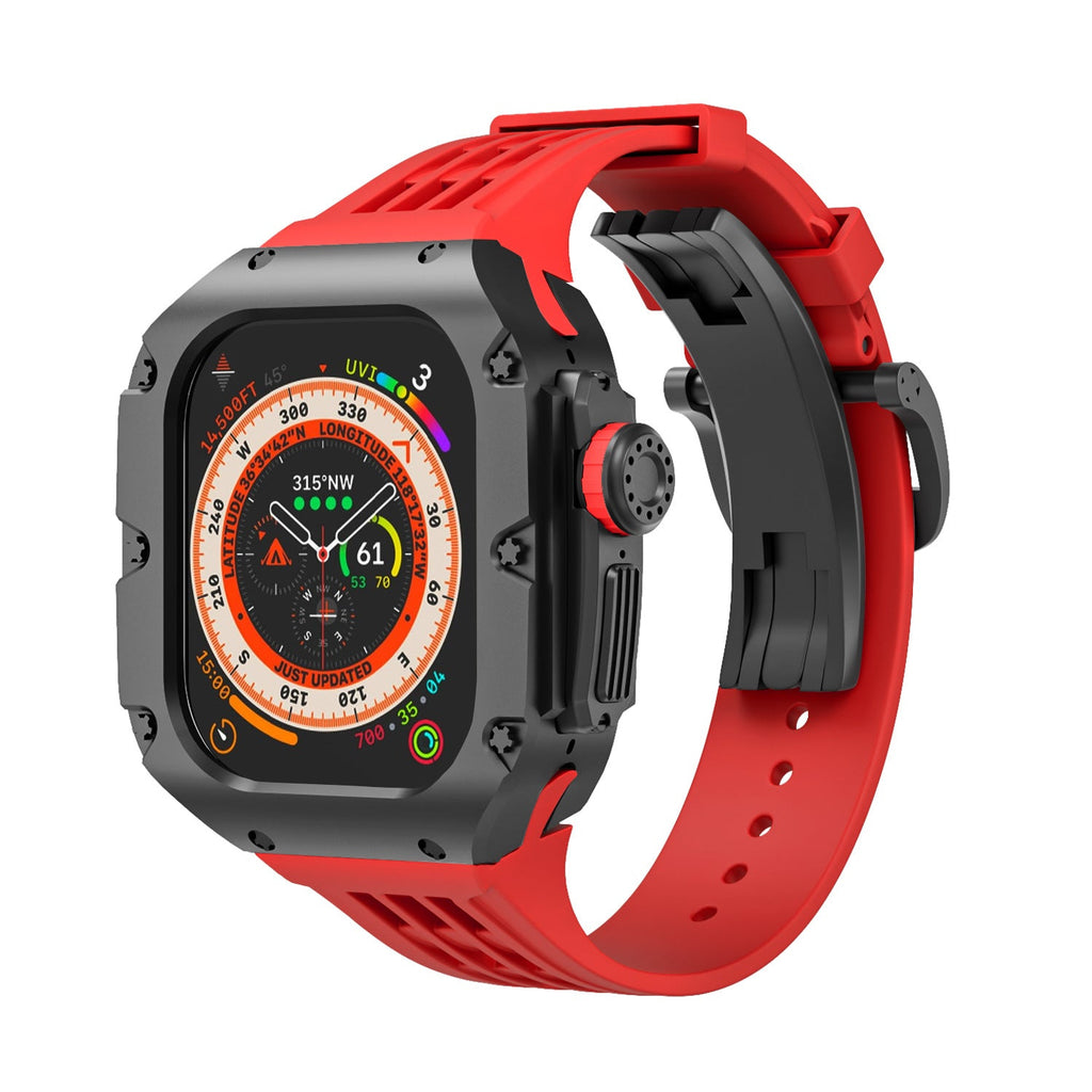 Coque titane noire robuste avec bracelet silicone rouge à boucle pour Apple Watch Ultra 49mm.