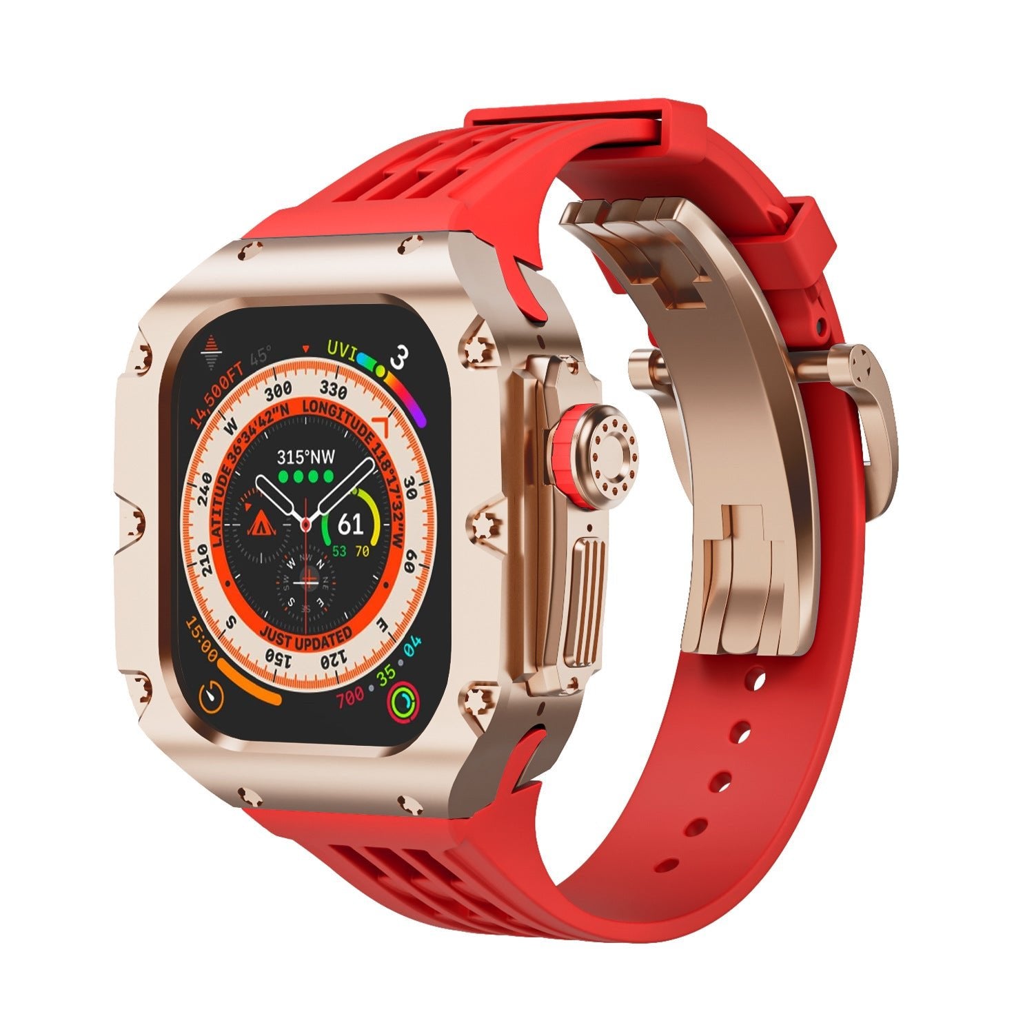 Coque titane beige robuste avec bracelet silicone rouge à boucle pour Apple Watch Ultra 49mm.