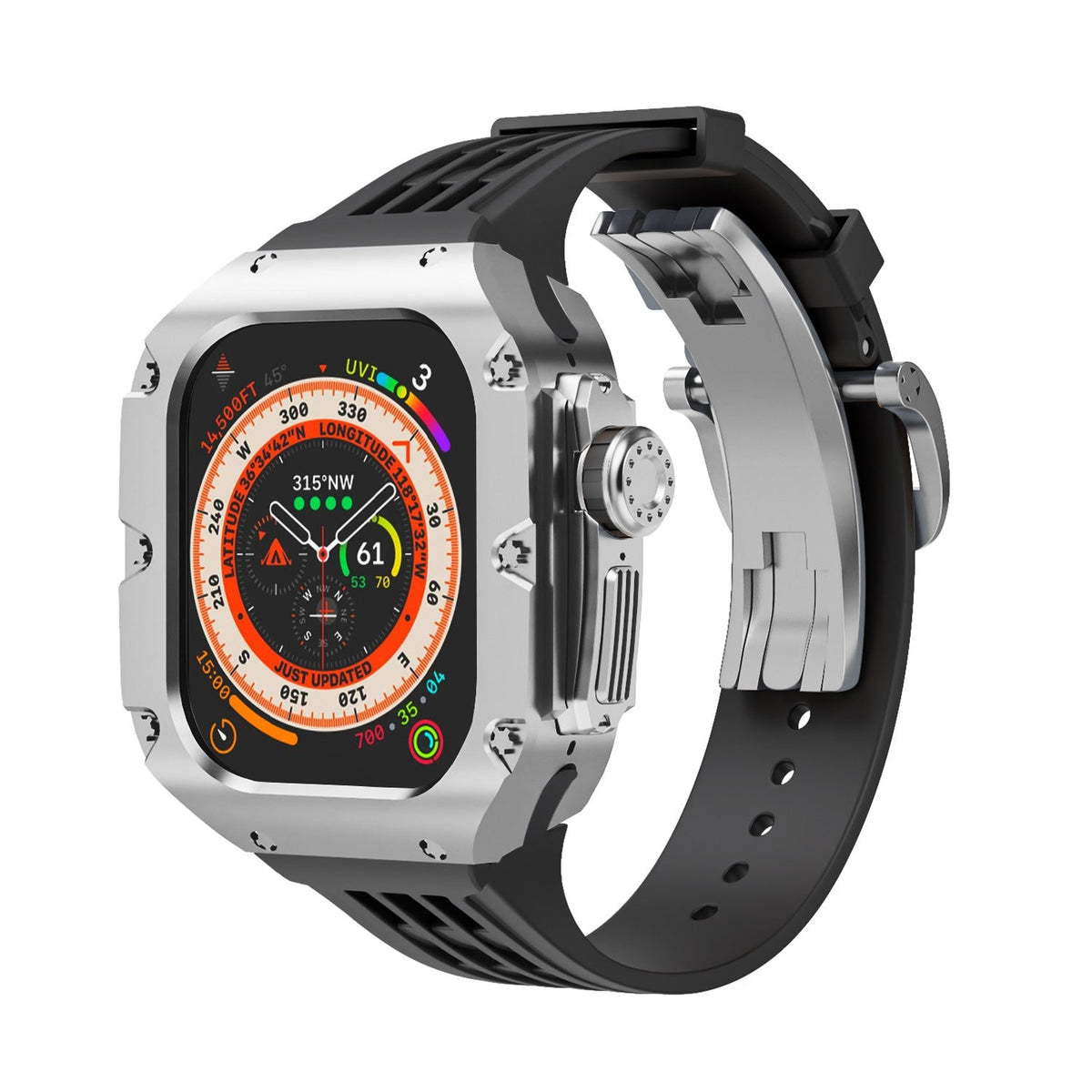 Coque de protection titane gris métal robuste avec bracelet silicone noir à boucle pour Apple Watch Ultra 49mm.