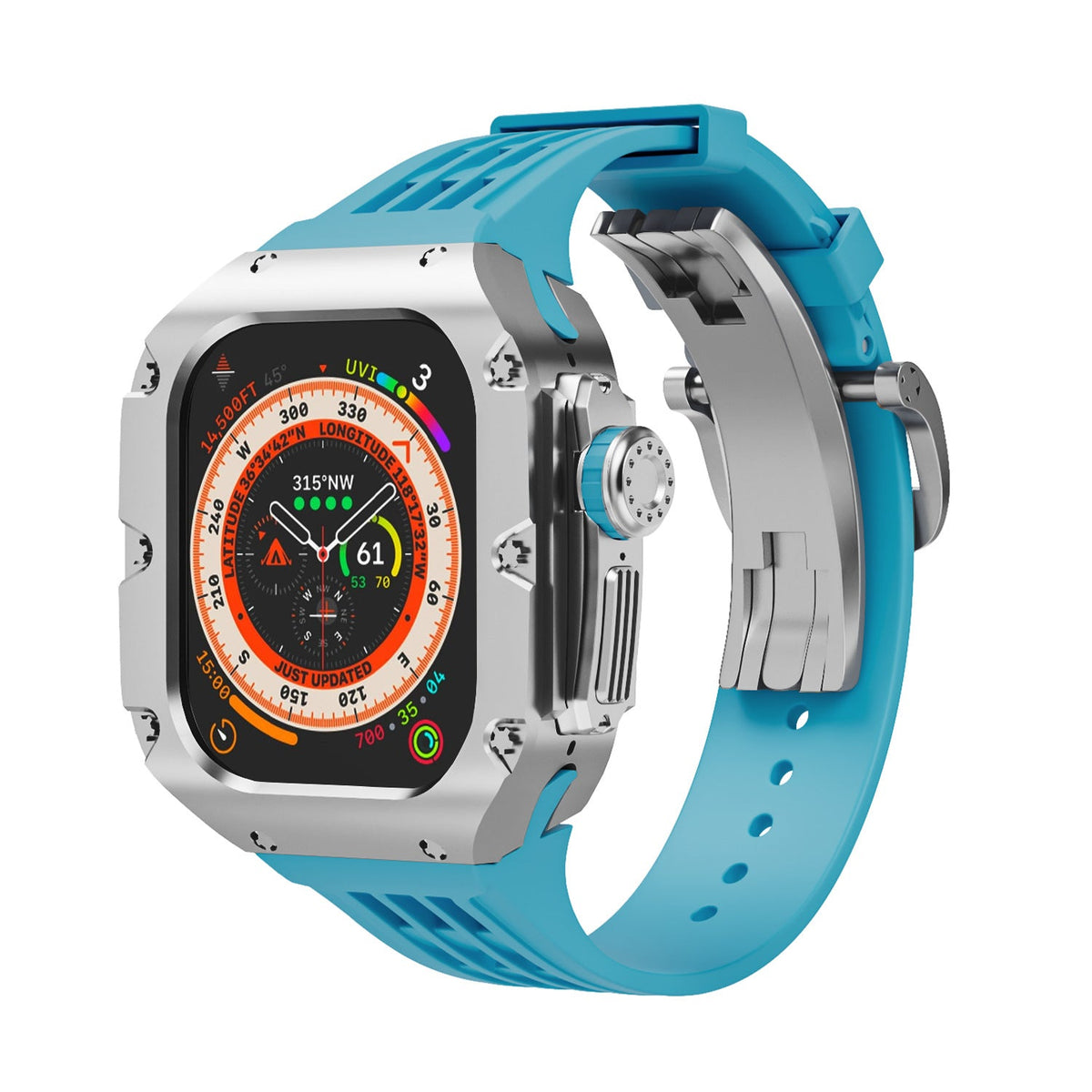 Coque titane robuste gris argenté avec boutons protégés et bracelet silicone bleu ciel à boucle pour Apple Watch Ultra 49mm.