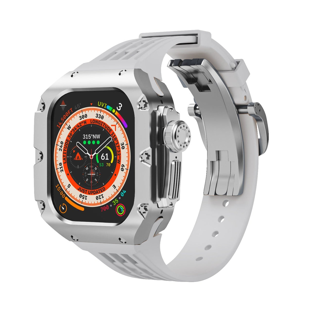 Coque titane grise robuste avec bracelet silicone blanc à boucle pour Apple Watch Ultra 49mm.