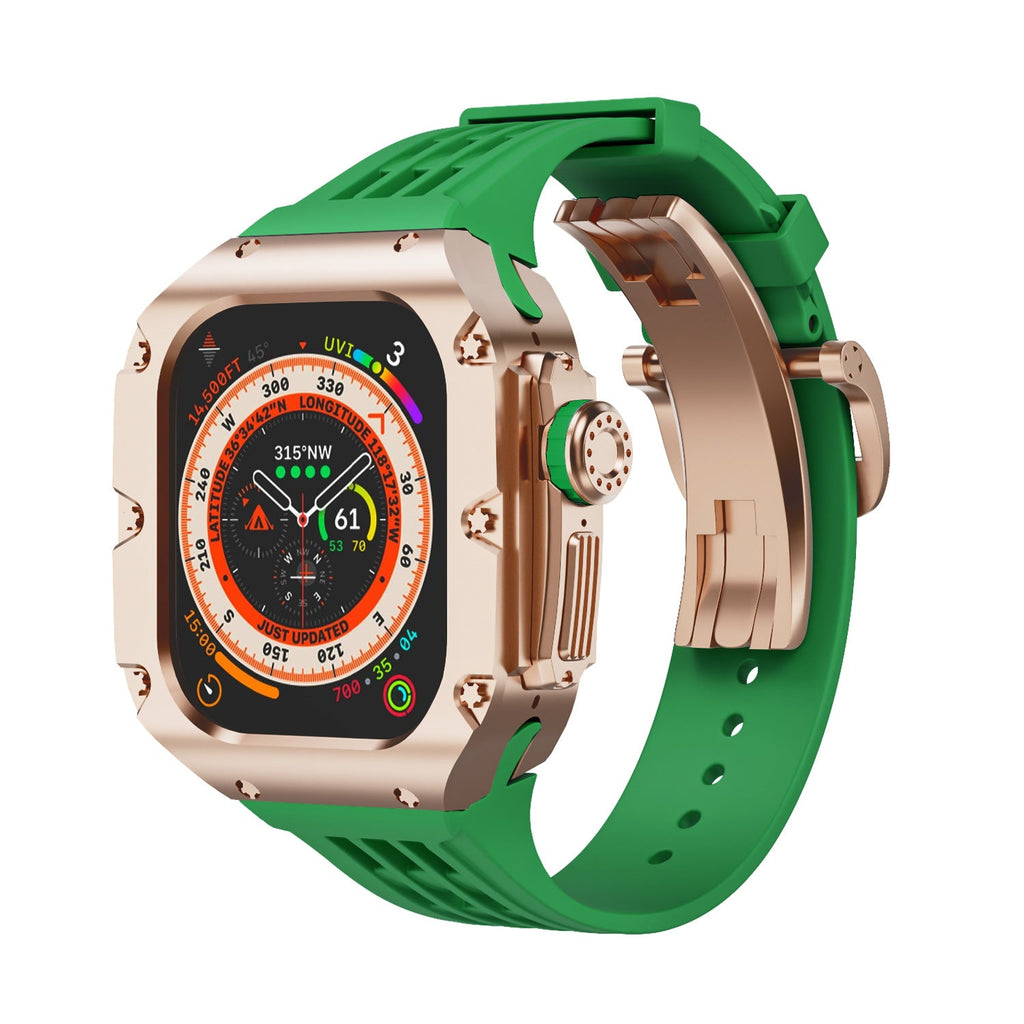 Coque titane compatible Apple Watch Ultra 49mm, robuste, finition or rose, bracelet silicone vert à boucle ardillon.