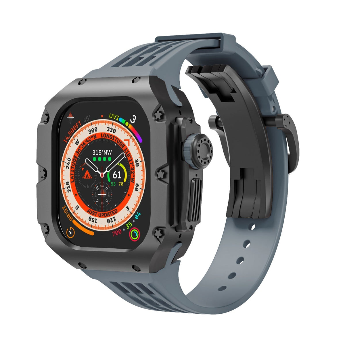 Coque titane gris foncé robuste avec bracelet silicone bleu acier à boucle pour Apple Watch Ultra 49mm.