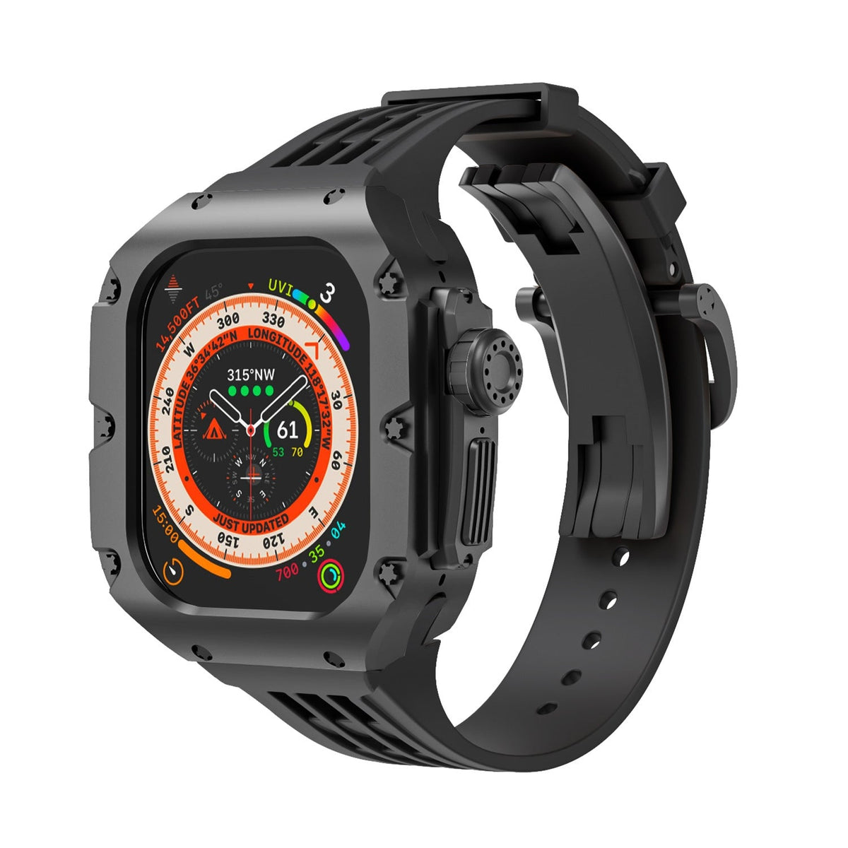 Coque intégrale titane noire robuste avec bracelet silicone noir à boucle sportive pour Apple Watch Ultra 49mm.