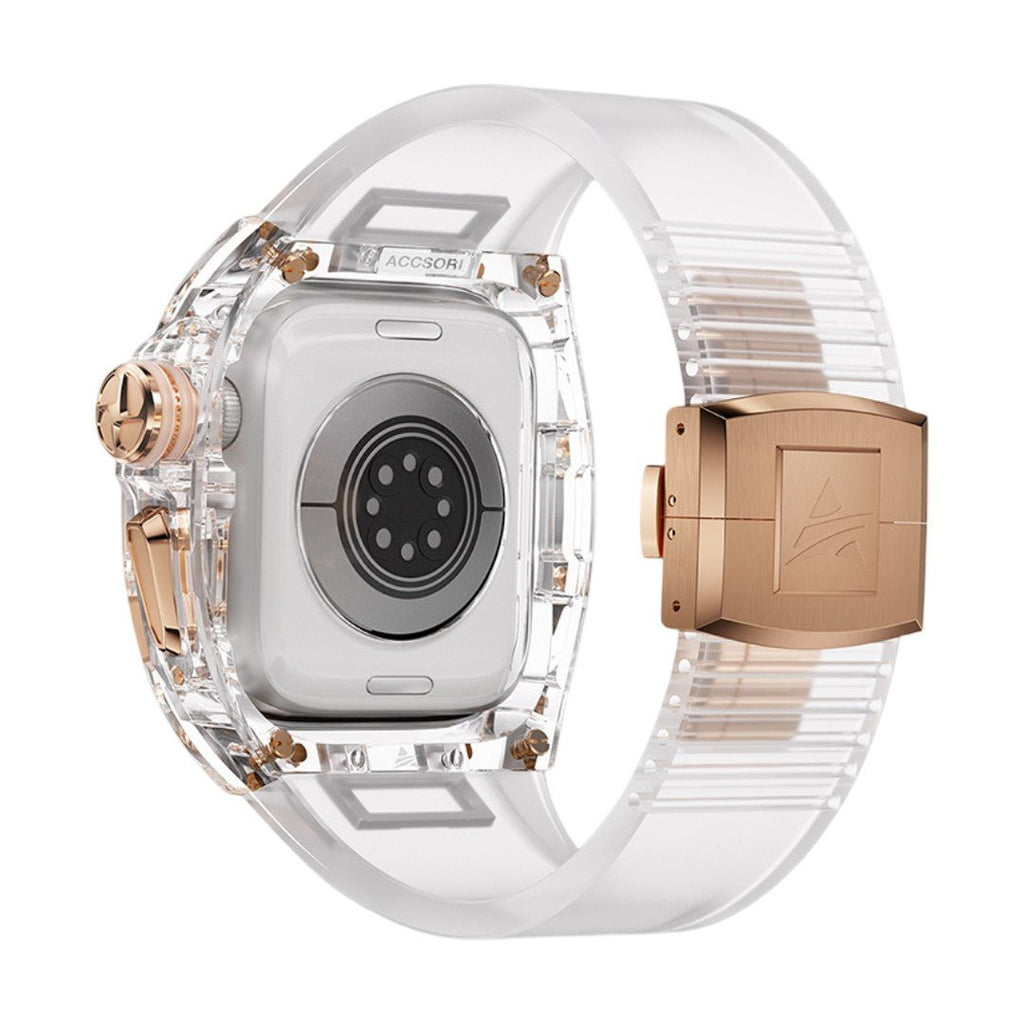 Coque intégrale transparente pour Apple Watch Ultra 49mm avec boucle métal doré rose et bracelet PC ultra moderne.