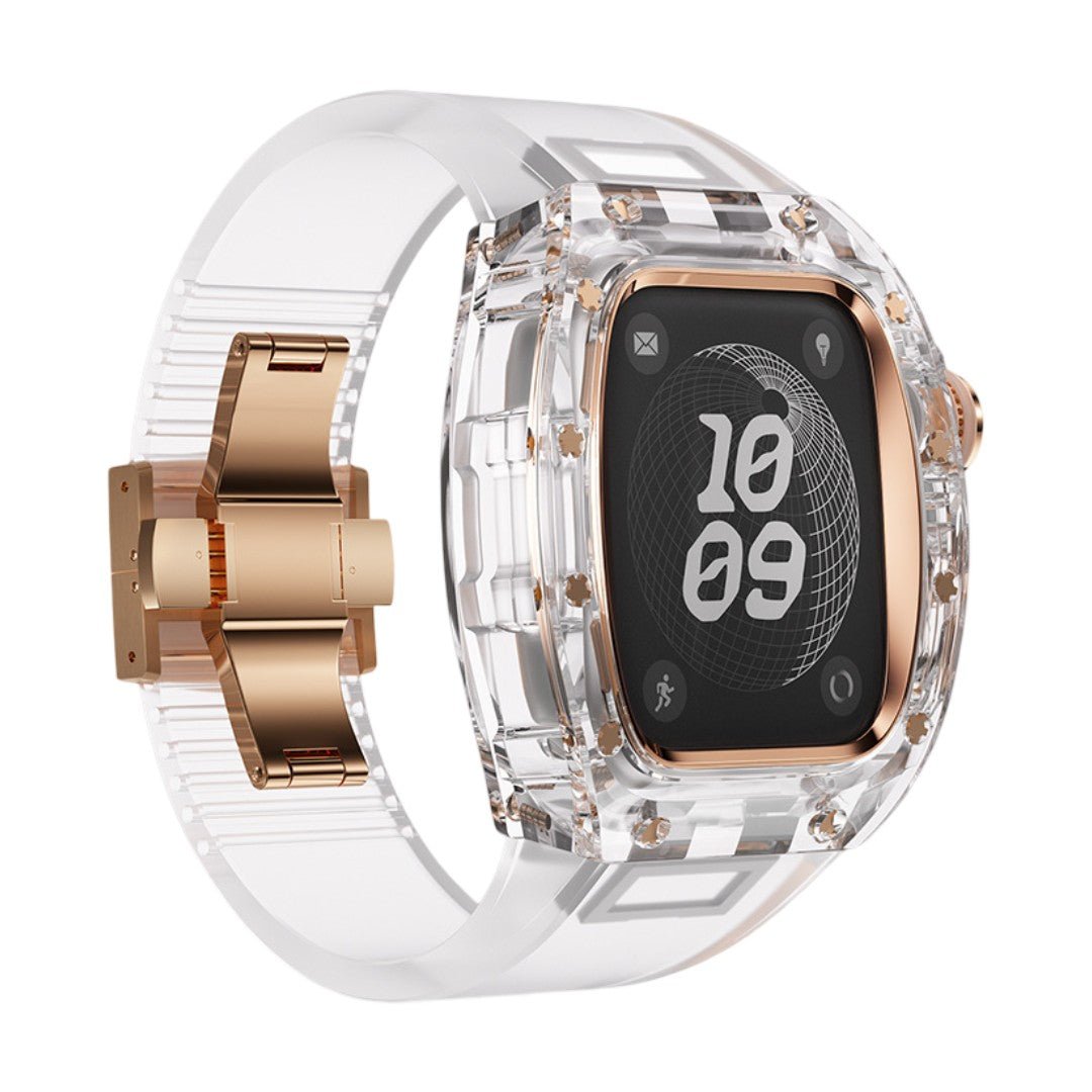 Coque transparente pour Apple Watch Ultra 49mm avec bracelet PC clair et boucle métallique dorée rose.