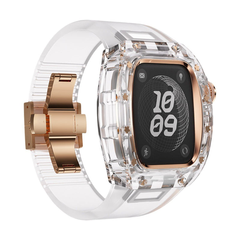 Coque transparente pour Apple Watch Ultra 49mm avec bracelet PC clair et boucle métallique dorée rose.