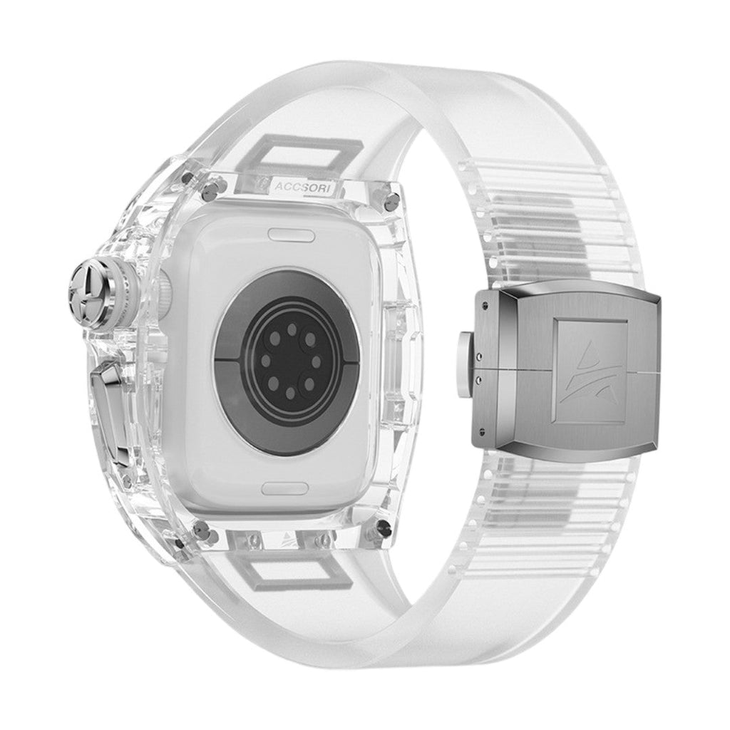 Coque intégrale transparente pour Apple Watch Ultra 49mm avec bracelet en PC translucide et boucle métal gris.