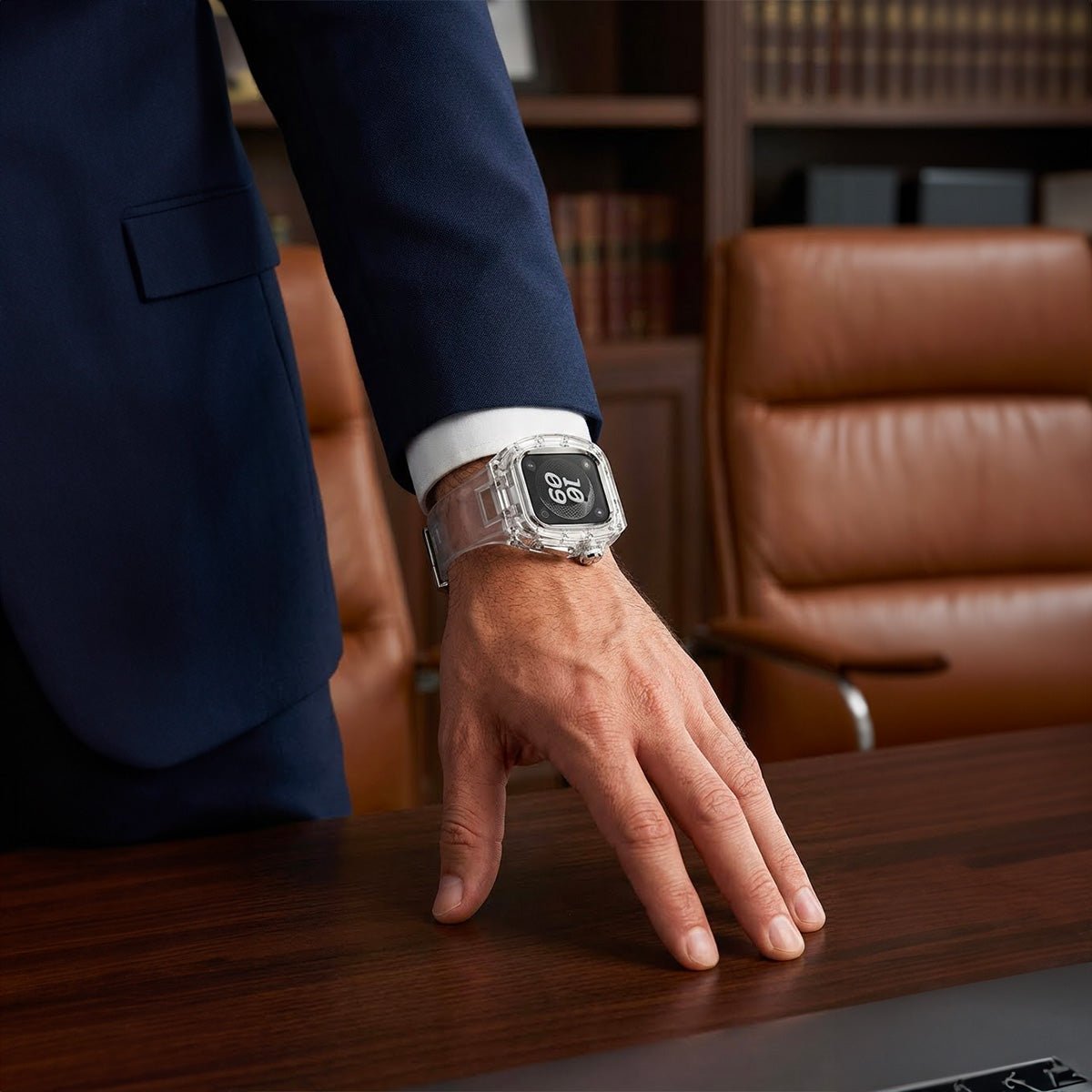 Coque intégrale transparente pour Apple Watch Ultra 49mm avec bracelet PC souple et boucle métal argenté, design moderne et.