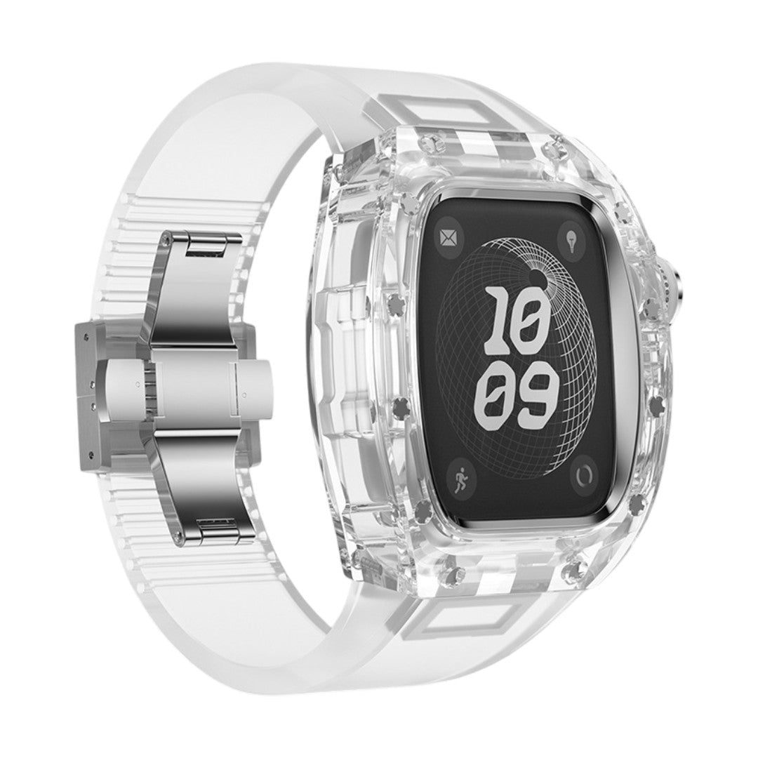 Coque intégrale transparente pour Apple Watch Ultra 49mm avec bracelet PC clair et boucle métal argenté.