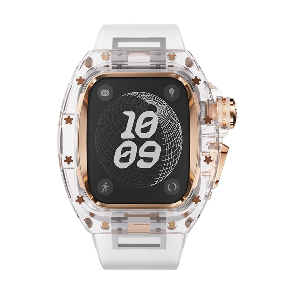 Coque intégrale transparente pour Apple Watch Ultra 49mm avec motifs étoiles dorés et boucle métal assortie.