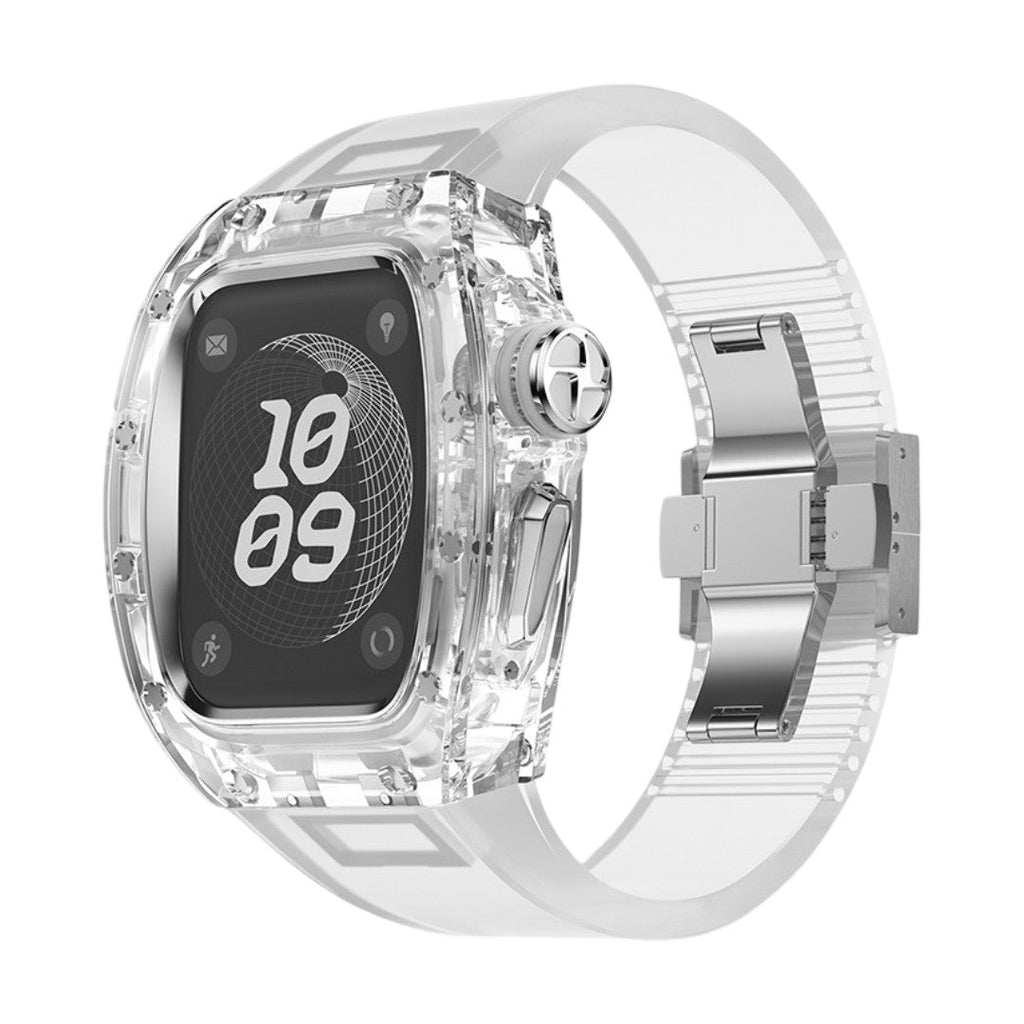 Coque intégrale transparente pour Apple Watch Ultra 49mm avec bracelet en PC clair et boucle métallique argentée.