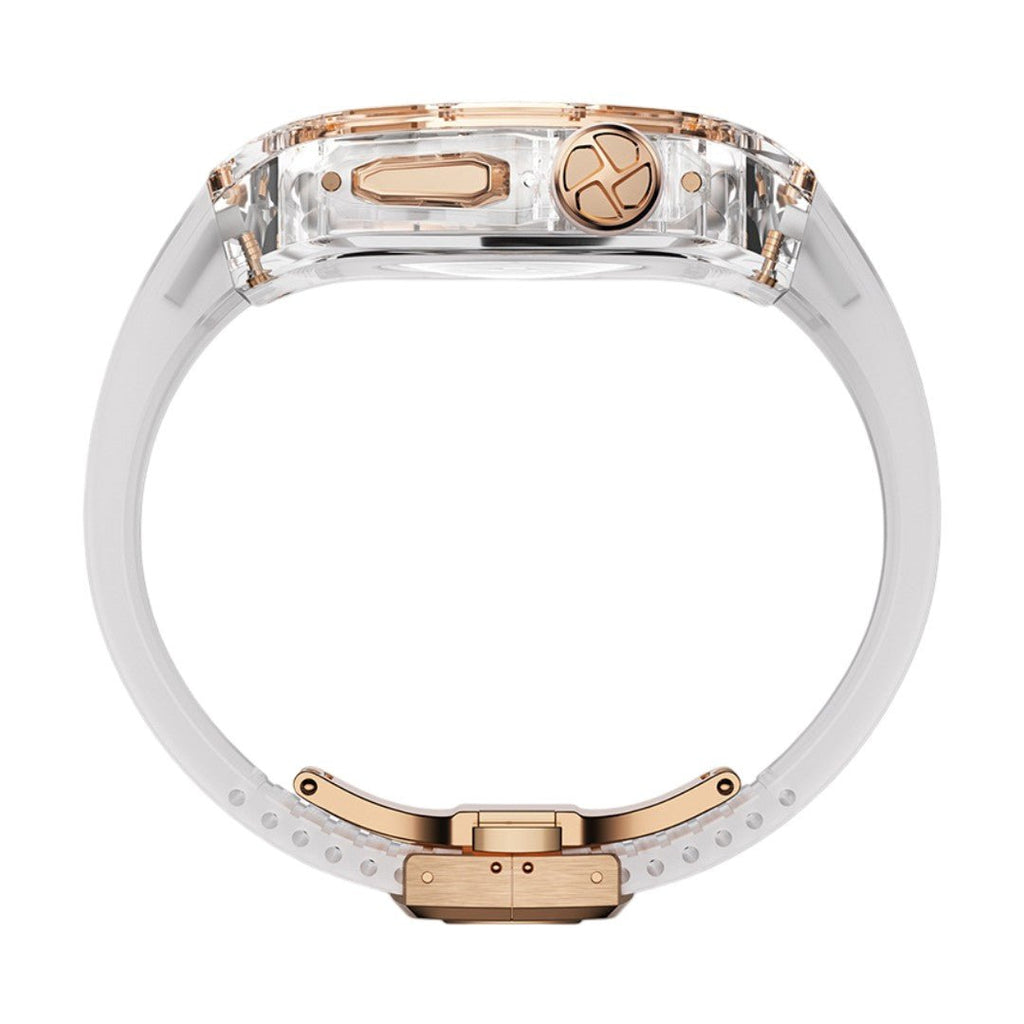 Coque intégrale transparente pour Apple Watch Ultra 49mm avec bracelet PC clair et boucle métal dorée.