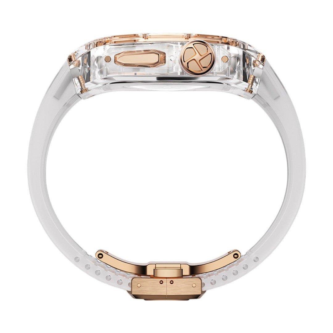 Coque intégrale transparente pour Apple Watch Ultra 49mm avec bracelet PC clair et boucle métal dorée.