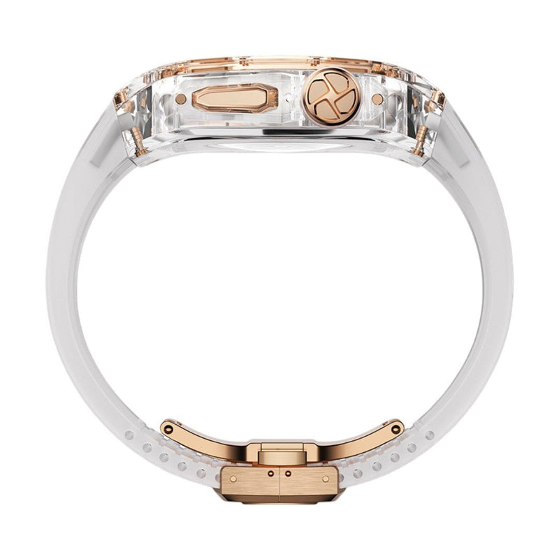 Coque intégrale transparente pour Apple Watch Ultra 49mm avec bracelet PC clair et boucle métal dorée.