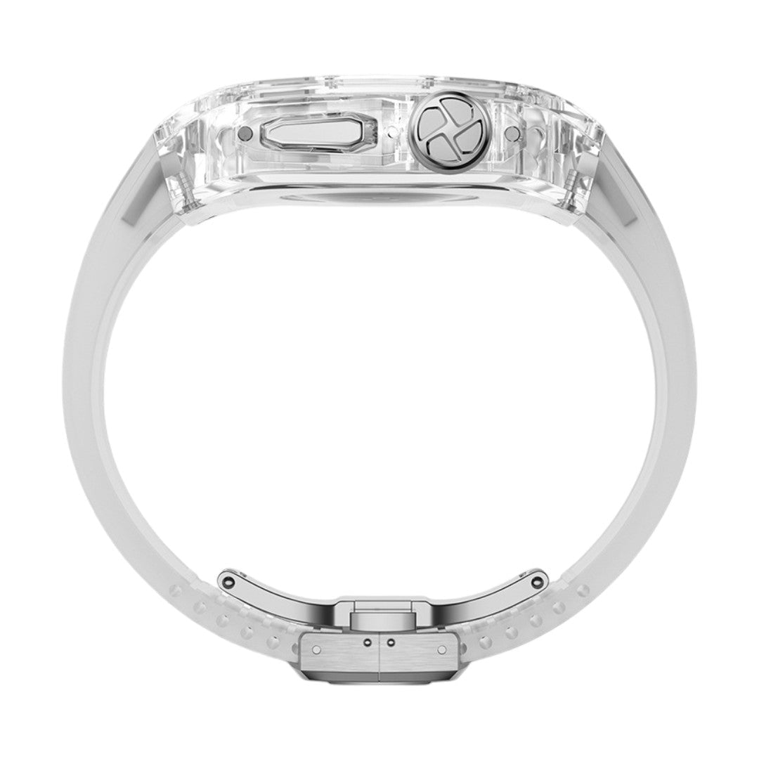 Coque intégrale transparente en PC pour Apple Watch Ultra 49mm avec boucle métallique argentée et design moderne.