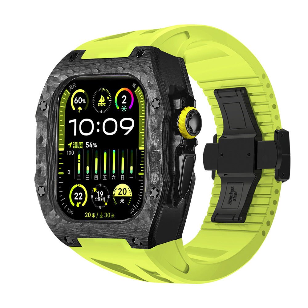 Coque intégrale noire effet fibre de carbone avec bracelet silicone jaune vif pour Apple Watch Ultra, design sportif et.