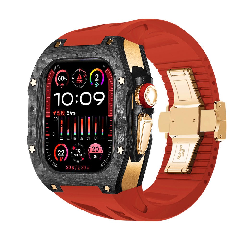 Coque intégrale Apple Watch Ultra en fibre de carbone noire, bracelet silicone rouge avec boucle déployante en acier doré,.