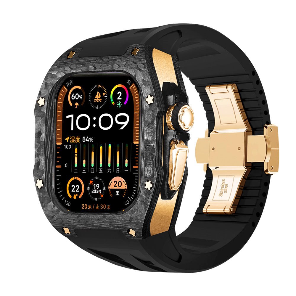 Coque intégrale noire en fibre de carbone pour Apple Watch Ultra avec bracelet silicone noir et fermoir en acier doré,.