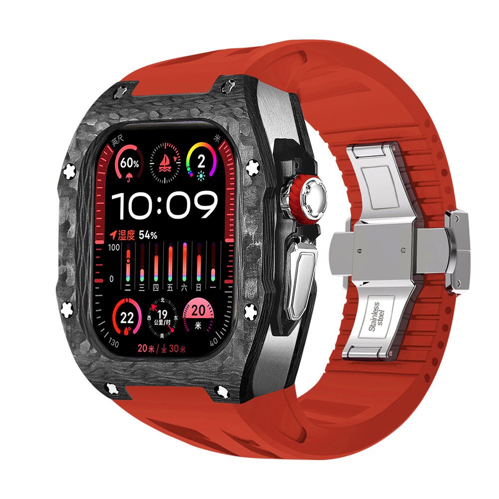 Coque intégrale en fibre de carbone pour Apple Watch Ultra, bracelet silicone rouge sport, boucle déployante acier.
