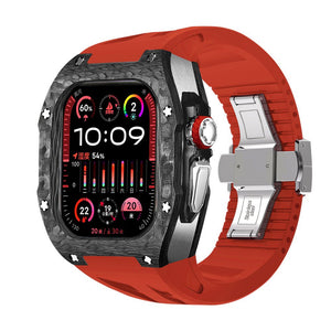 Coque intégrale en fibre de carbone pour Apple Watch Ultra, bracelet silicone rouge sport, boucle déployante acier.