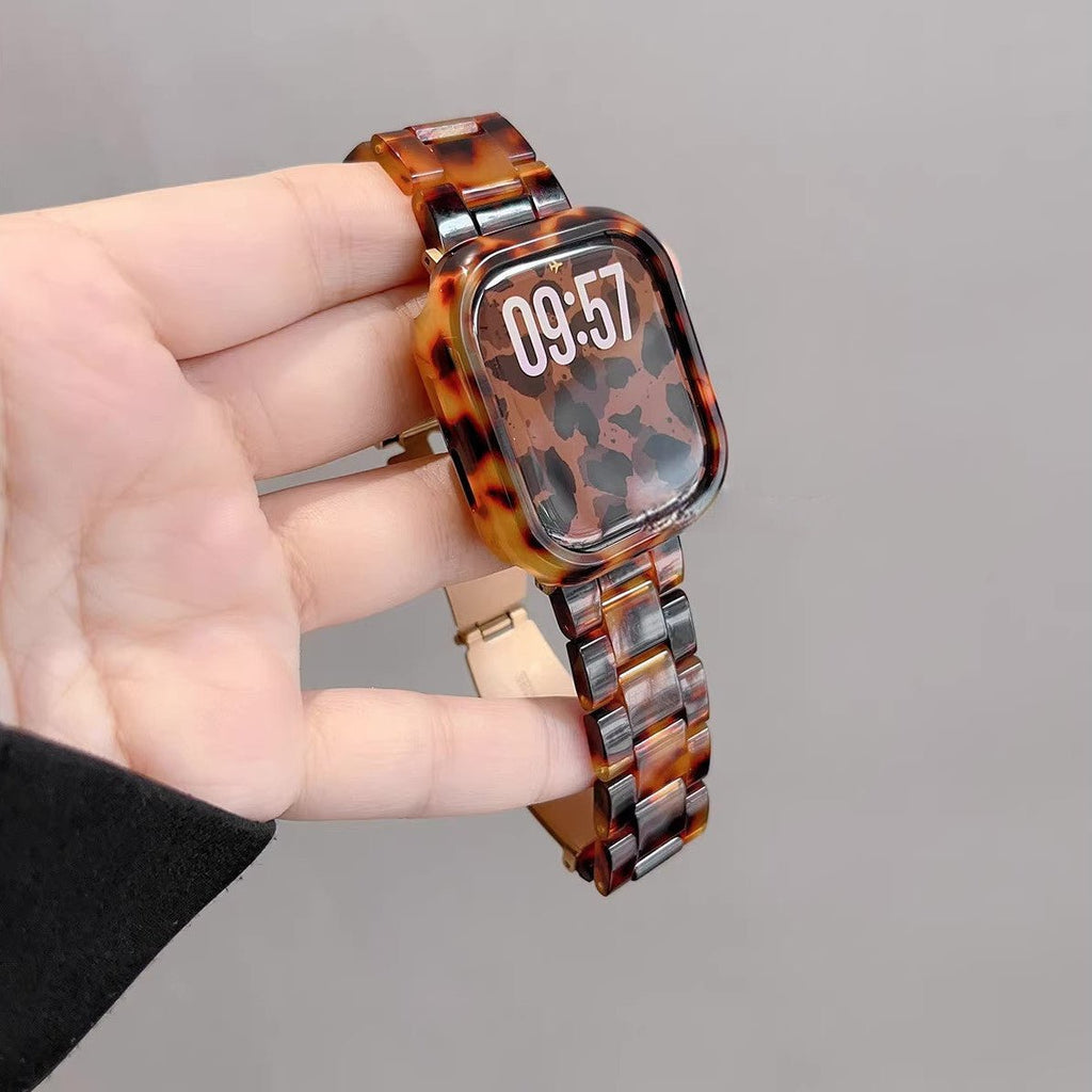 Vollständige Schutzhülle mit Armband für Apple Watch, Gliederarmband aus Harz in Leopardenoptik, ausdrucksstarker und moderner Stil, Modell Kidine