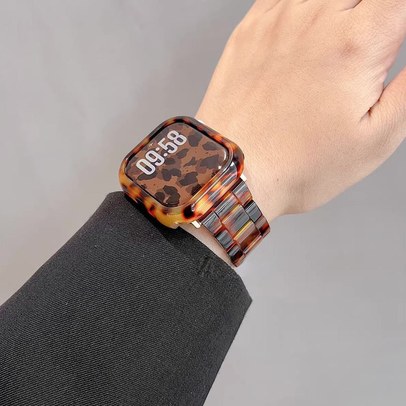 Vollständige Schutzhülle mit Armband für Apple Watch, Gliederarmband aus Harz in Leopardenoptik, ausdrucksstarker und moderner Stil, Modell Kidine
