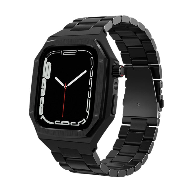 Coque intégrale noire en acier inoxydable avec bracelet à maillons amovibles pour Apple Watch 42-46 mm, style robuste et.