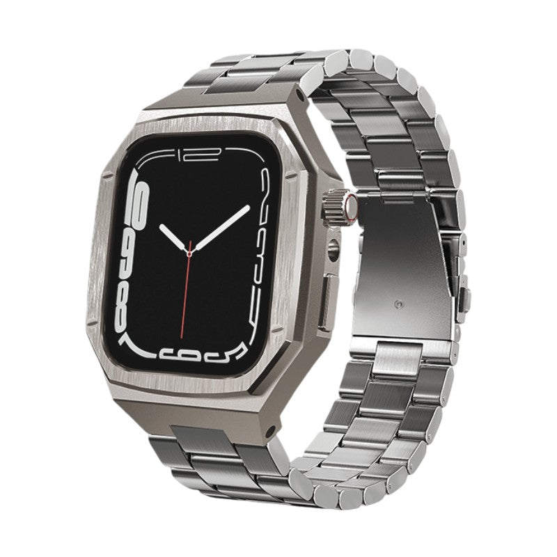 Coque intégrale en acier inoxydable argenté pour Apple Watch avec bracelet à maillons amovibles, compatible 42-46 mm.