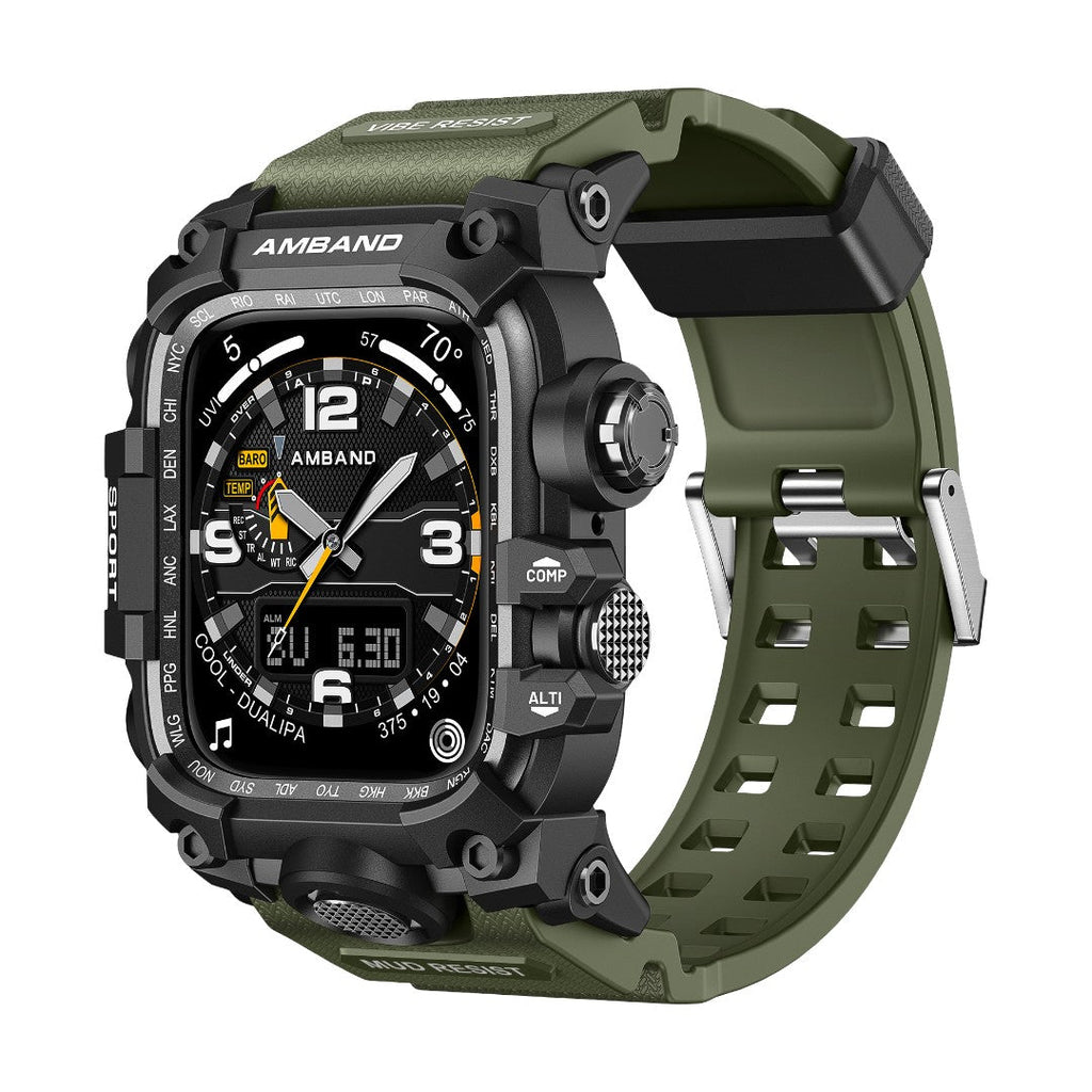 Coque intégrale militaire noire en alliage avec bracelet vert olive renforcé pour Apple Watch.