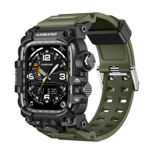 Coque intégrale militaire noire en alliage avec bracelet vert olive renforcé pour Apple Watch.