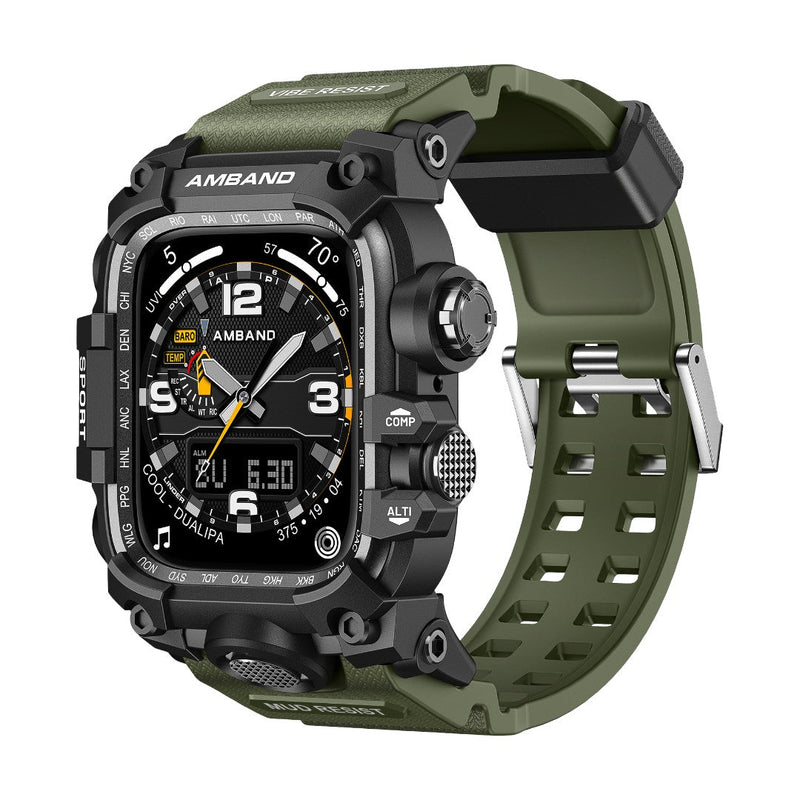 Coque intégrale militaire noire en alliage avec bracelet vert olive renforcé pour Apple Watch.