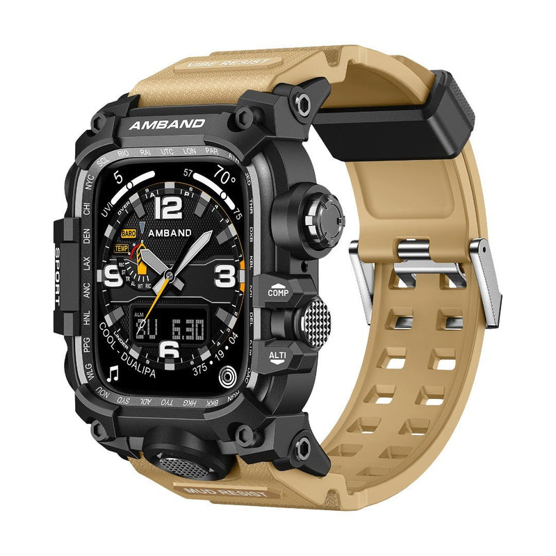 Coque noire renforcée en alliage de zinc pour Apple Watch avec bracelet beige militaire à boucle sécurisée.