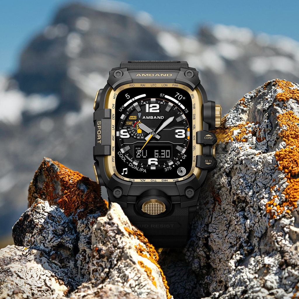 Coque intégrale noire et or pour Apple Watch avec boîtier renforcé en alliage de zinc et bracelet tactique en silicone,.