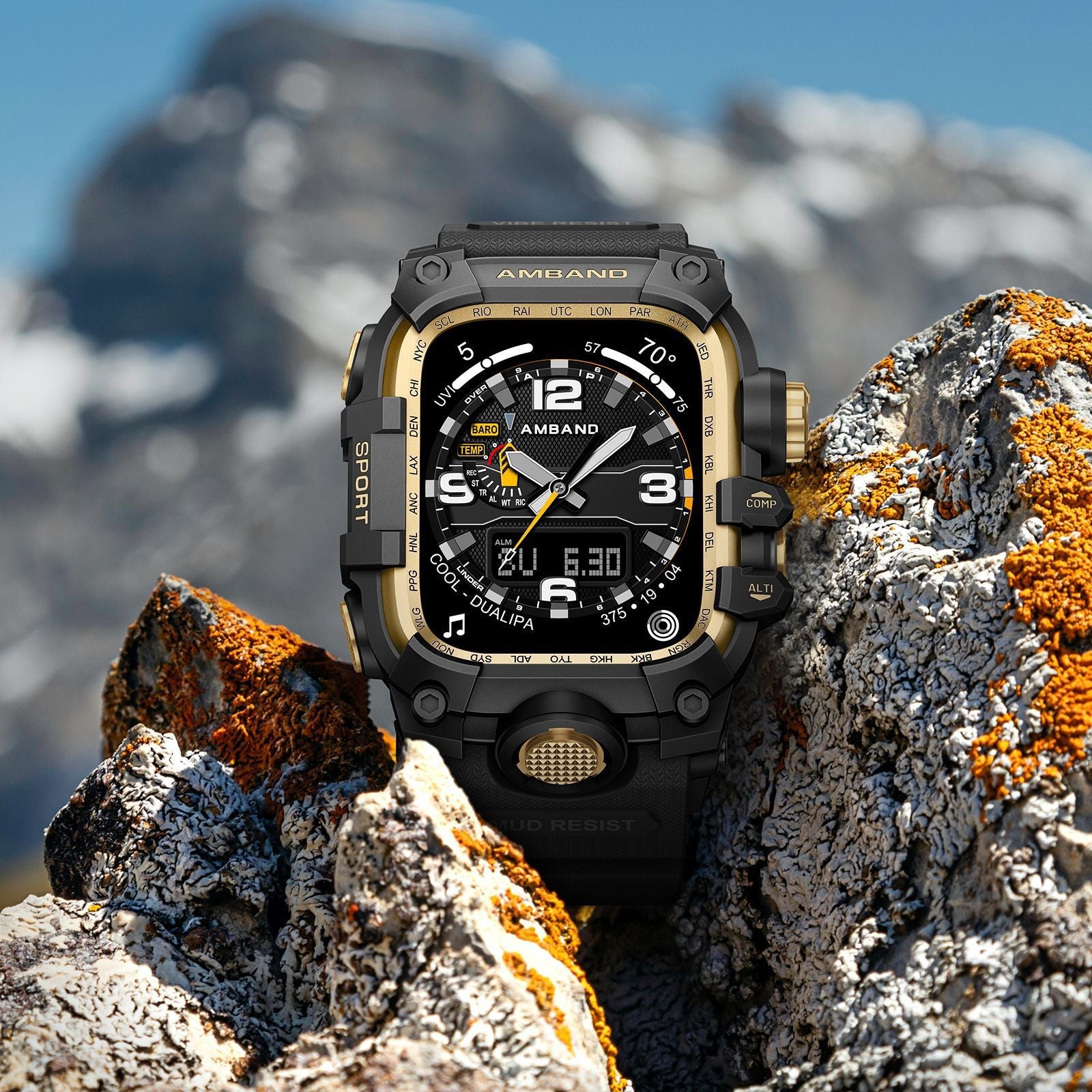 Coque intégrale noire et or pour Apple Watch avec boîtier renforcé en alliage de zinc et bracelet tactique en silicone,.