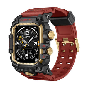 Coque intégrale noire et dorée pour Apple Watch avec bracelet rouge en silicone, boîtier renforcé et boutons texturés.