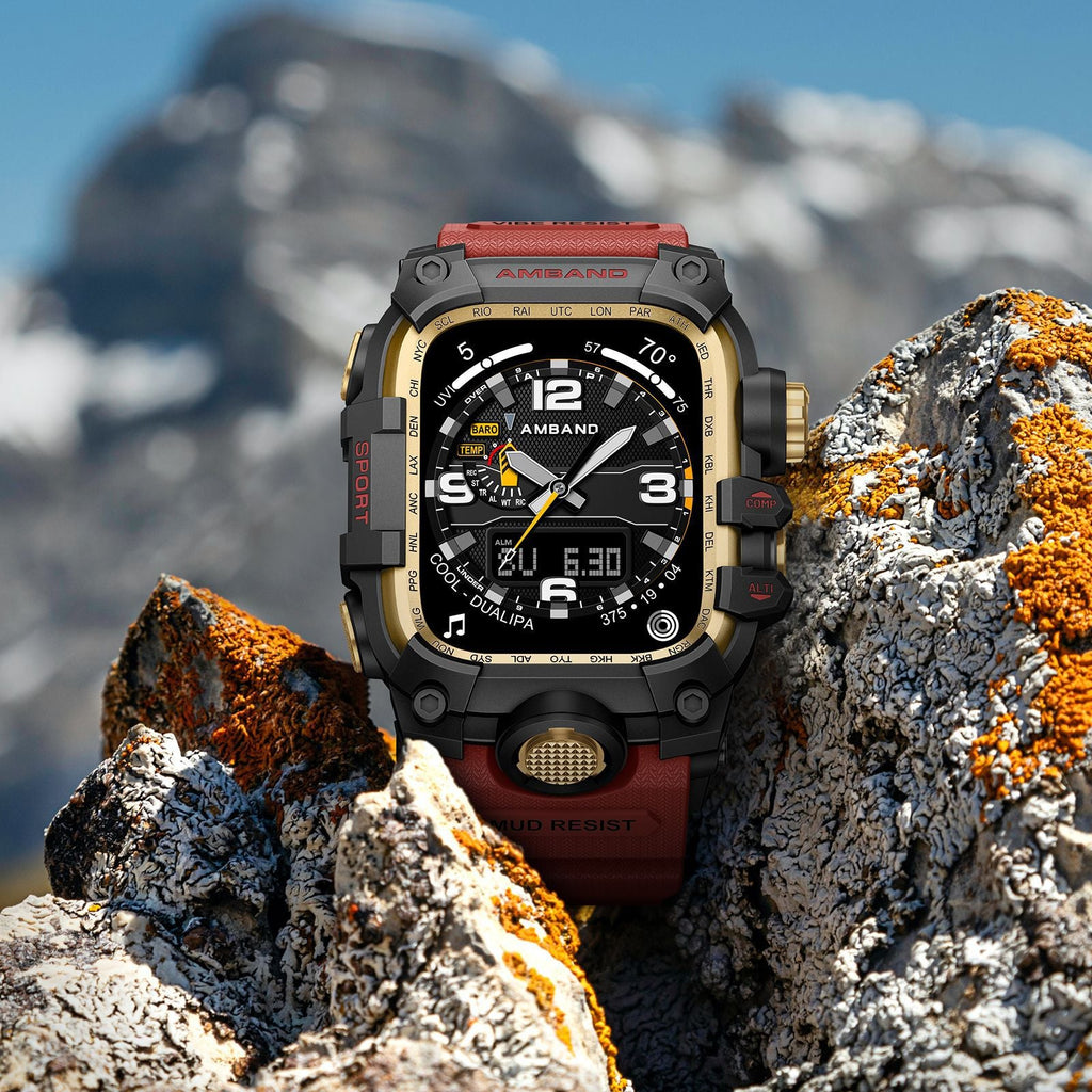 Coque renforcée noire et kaki pour Apple Watch avec bracelet rouge militaire en silicone, boîtier épais en alliage de zinc.